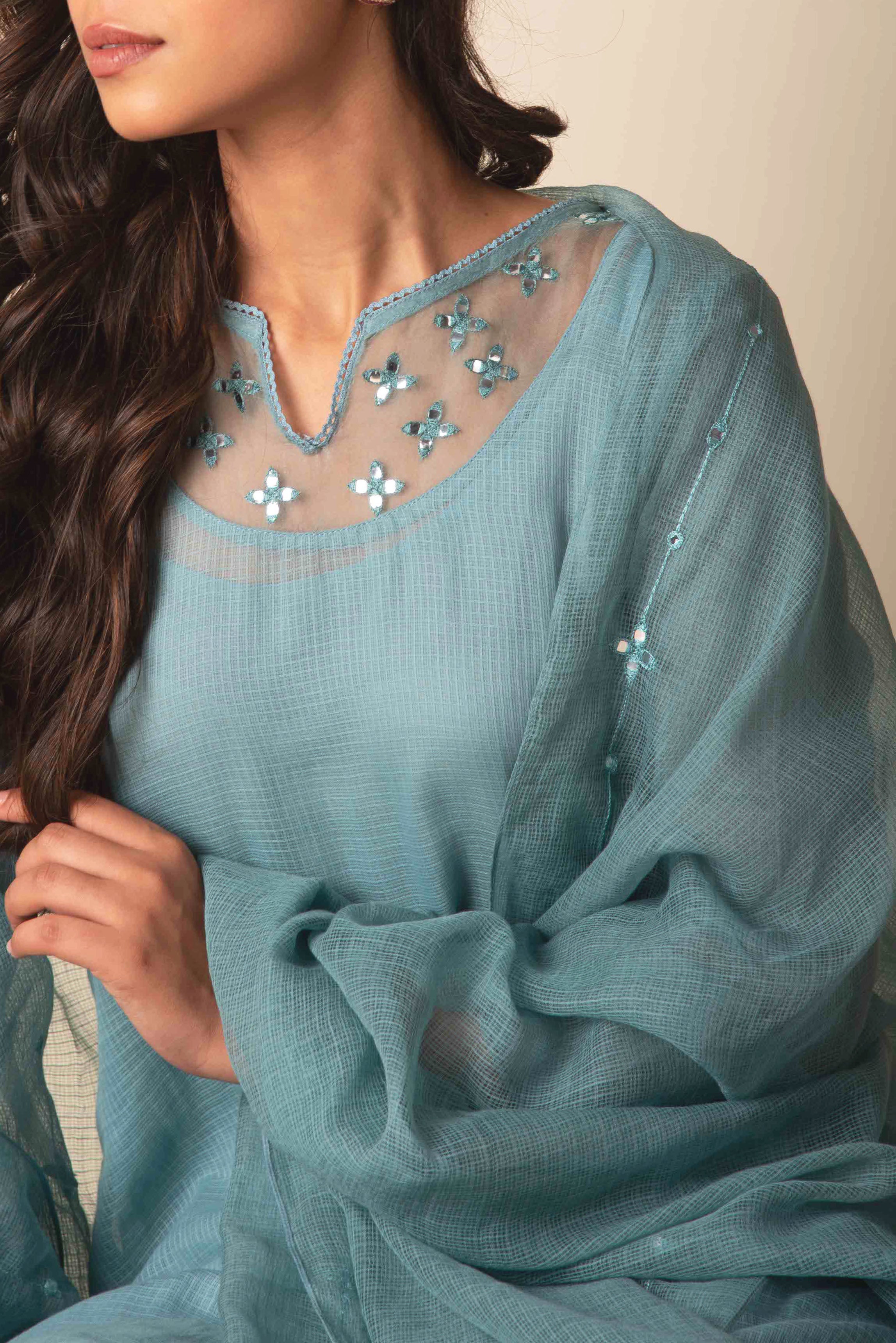 Rooh Lake Blue Kota doria Suit Set – Vintage Loom